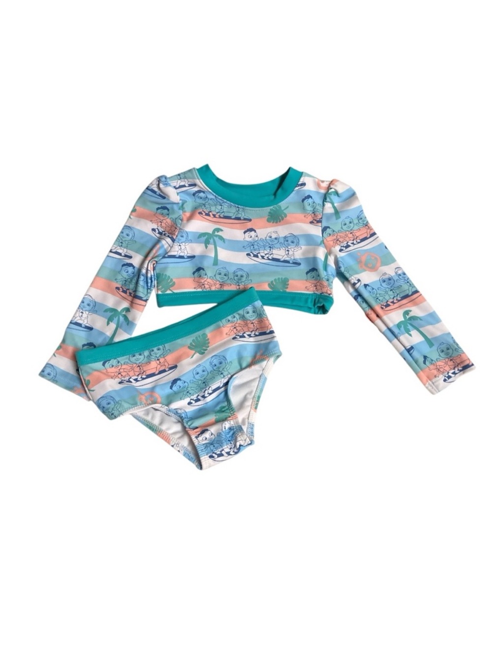CoComelon' Long-Sleeve Swim Rashguard Character Set in Aqua & Coral Stripe - Picture 3 of 16